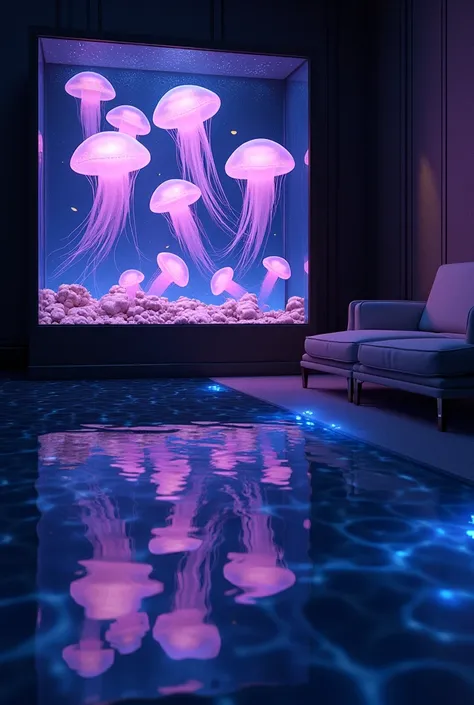 Absurd, High resolution, Super detailed, beautiful, masterpiece, Highest quality、水面に光がreflectionしている、reflection、Realな質感、Realistic、Real、Realistic、Blur、A lot of jellyfish、In the water、blister、Purple light、Aquarium、Inside the house、illumination、On the shelf、A...