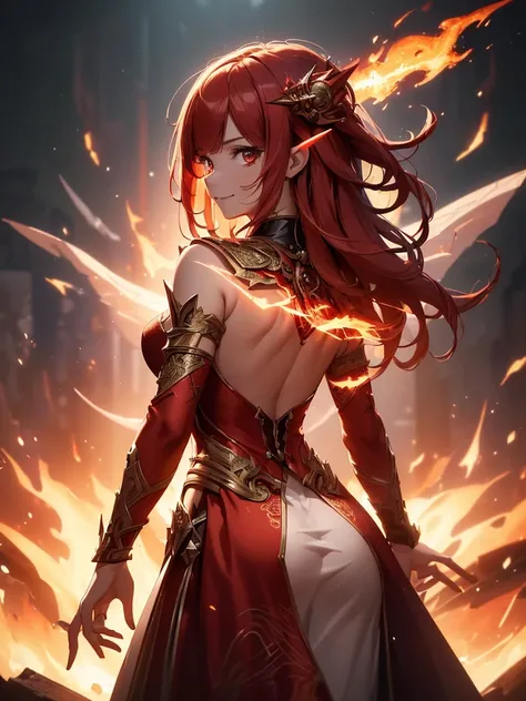 (((best quality, sharp image, clear image, cinematic lighting, 8k resolution, masterpiece, ultra detailed, intricate))) Girl, sorcerer, cute, intricate dress, smiling, fiery red, ((intricate background)), (rune frame), dimension, ((shot from behind)), fire...