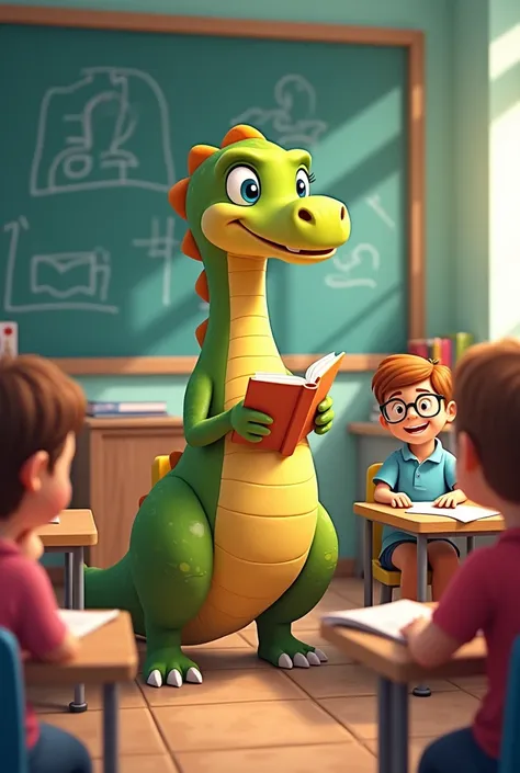 Cartoon dinosaur teaching language at school