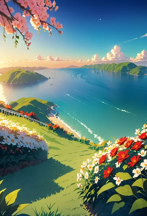 anime girl sitting on a hill overlooking the ocean and flowers, anime beautiful peace scene, beautiful anime scene, beautiful animated landscape, beautiful anime, anime nature, makoto shinkai cyril rolando, anime nature wallpap, beautiful anime artwork, an...