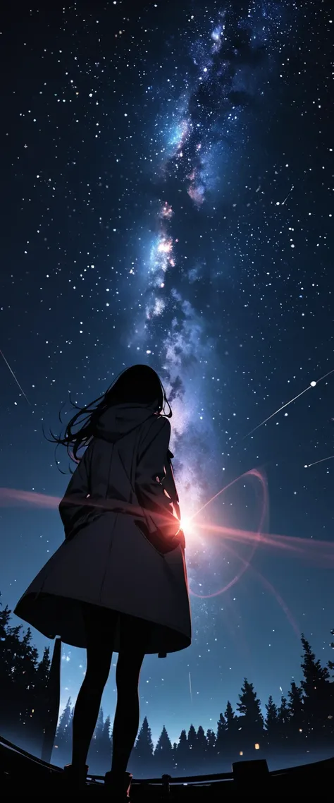 
Many stars twinkling in a beautiful bright winter night sky, long exposure starry sky with many circular orbits, silhouette of a young woman with long hair with her hands in her coat pockets looking up at it, photo taken from long distance, photo from bel...