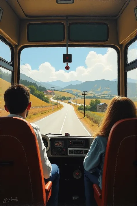 Arough oil painting of a view of the road frominside of a bus