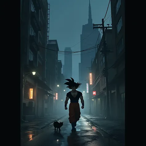 Draw Goku walking at night through the dark city 