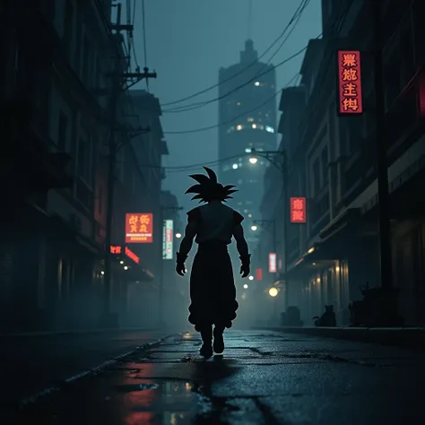 Draw Goku walking at night through the dark city 