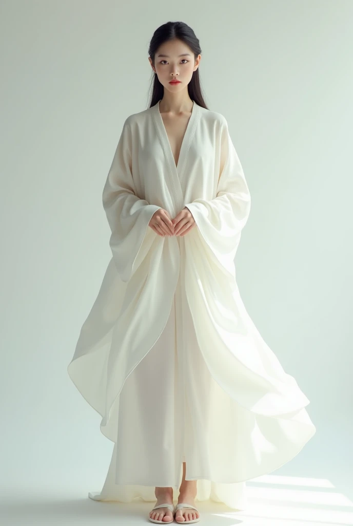 a Asian woman with an seraphic visage face wearing white Soft Draped Gowns, full body image, standing straight, white sandals, looking at the camera