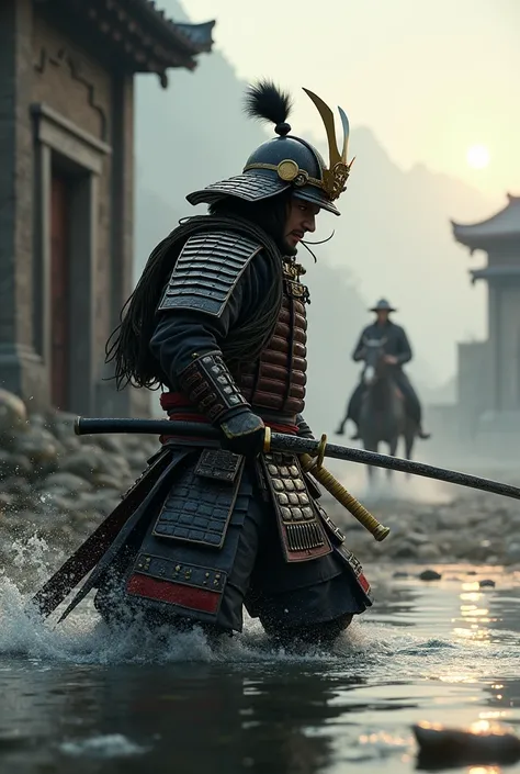 Absurd, High resolution, Super detailed, beautiful, masterpiece, Highest quality、水面に光がreflectionしている、reflection、Realな質感、Realistic、Real、Realistic、Blur、samurai、armor、Japanese sword、Fight、Combat Ready、anger、war、Broken Building、horse、Excalibur