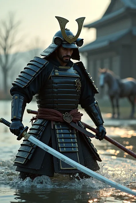 Absurd, High resolution, Super detailed, beautiful, masterpiece, Highest quality、水面に光がreflectionしている、reflection、Realな質感、Realistic、Real、Realistic、Blur、samurai、armor、Japanese sword、Fight、Combat Ready、anger、war、Broken Building、horse、Excalibur