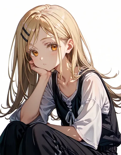 shinosawa hiro,slender,amber eyes,white eyelash,blonde hair,long hair,hairclip,white background,flat chest,black vest,black pant...