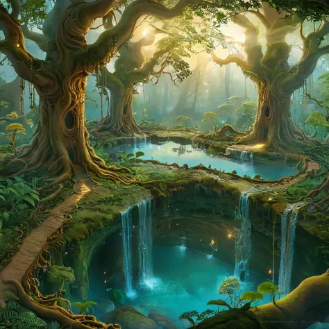 Create an impressive digital work of art, conveying the serene beauty of an ancient forest at dusk.. The scene must depict tall trees., bathing in soft water., golden light, breaking through the foliage, casting gentle shadows on the lush undergrowth. The ...