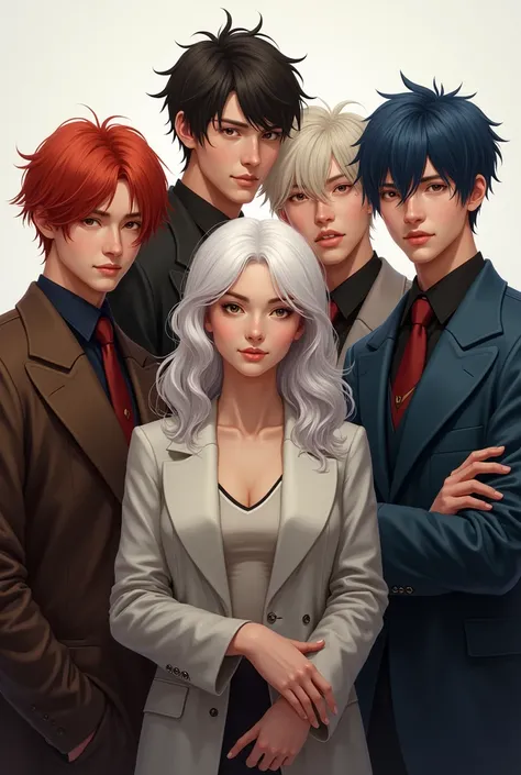 I need you to draw me four men and a woman in the middle. The men&#39;s hair is one red, one black, one brown and one dark blue and the woman&#39;s hair is white. The woman is in the middle, there would be five in total.