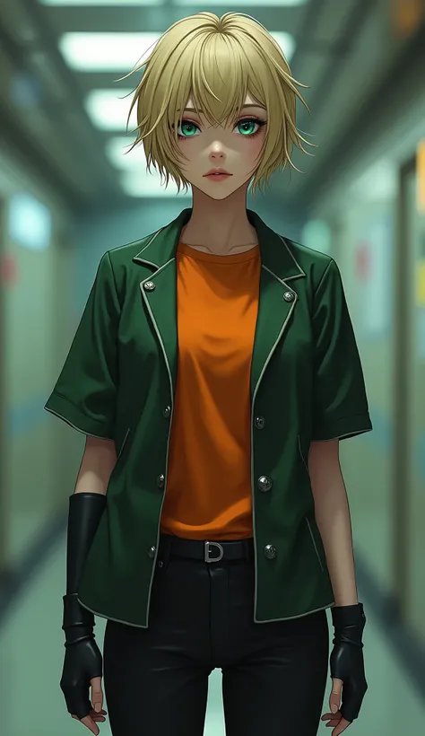 (best quality),female,solo,short hair,blond messy hair,green eyes,Closed jacket,frown,orange shirt,half sleeves, lapel jacket,dark_green jacket,open neck,black pants,finger_less gloves,Science fiction,futuristic indoors,ultra-detailed,sharp focus,aesthetic