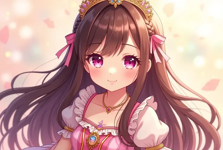 Long Hair, Brown Hair, Shiny Hair, Diagonal bangs, Large Breasts,smile,Pink Eyes, Droopy eyes, ribbon, Frills,anime, One person, Princess,daughter,ribbonとFrillsがたくさんある可愛いドレス,Pre-Victorian dresses