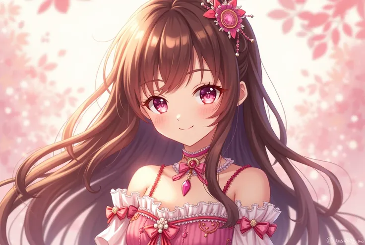 Long Hair, Brown Hair, Shiny Hair, Diagonal bangs, Large Breasts,smile,Pink Eyes, Droopy eyes, ribbon, Frills,anime, One person, Princess,daughter,ribbonとFrillsがたくさんある可愛いドレス,Pre-Victorian dresses