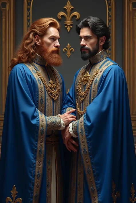 Two male kings dressed in blue with fleur-de-lis decoration, one has brown hair and the other has black hair.