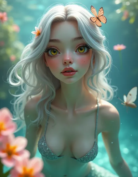 detail, Realism, 4K, , facial detailing, large yellow eyes, Plump lips, Upturned nose, Gray hair on pink hair, A Beautiful Mermaid 🧜‍♀️ , Full Body Shot Detailed color and size of the picture od Mermaid in water, Flowers in the background, White butterfly ...