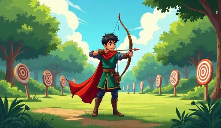 Arav training with new resolve: Comic style. Arav, the young adult warrior, trains with his bow and arrow in a lush, green training ground within the kingdom. The background shows a well-maintained training area with targets set up and trees lining the edg...