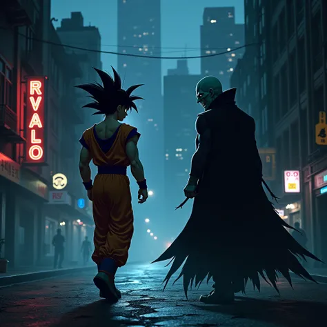 Draw Goku walking at night through the dark city, and a Vampire appears