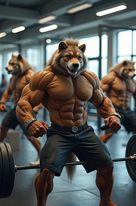 Several buff furries working out in a gym without shirts