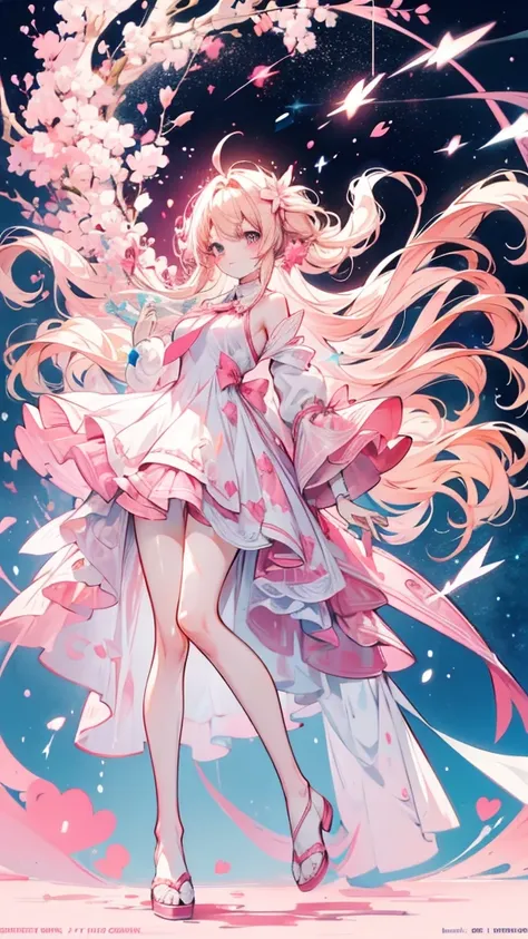 Full body illustration, anime character with, pink and white dress, blone hair, blonde, warm tone, tie hair on both sides flying (wind), tie hair on both sides (long), bright, lightning, winner pixiv contest, 