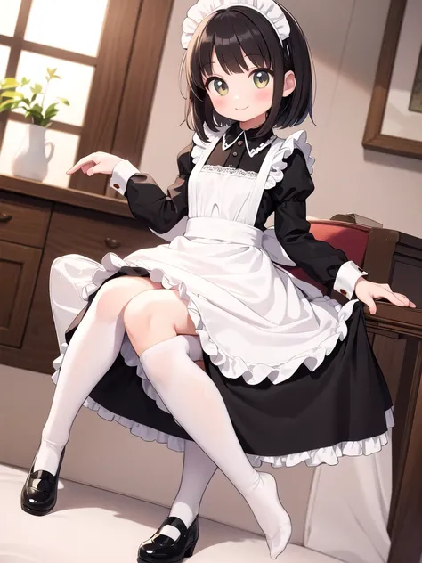 One person,cute,smile,Medium Hair,Maid Costume,Lace knee-high socks,Maid&#39;s Headdress,Lace trim elbow gloves,View your viewers,M-shaped legs