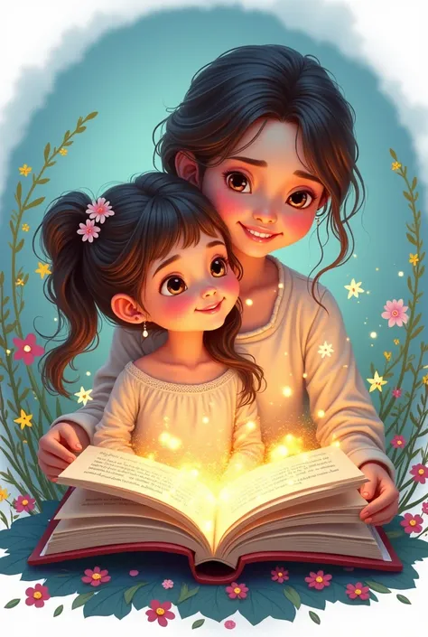 Create me a logo of an open book from which images of fairy tales and fantasy emerge and behind the book there is a mother with her  daughter (cartoon style for kids)