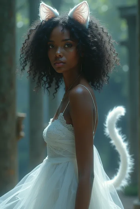 Black woman, white cat ears, curly hair, white cat tail, adult, slim white dress