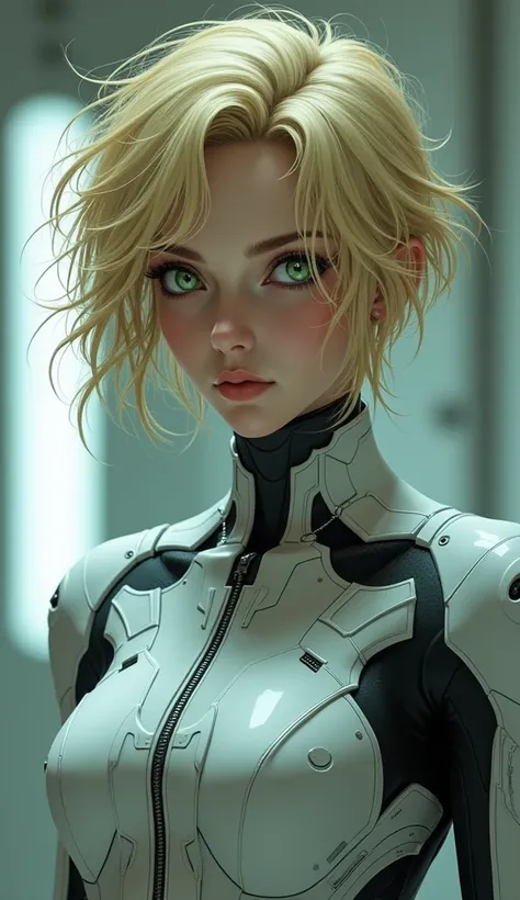 (best quality),female,solo,short hair,blond messy hair,green eyes,frown,zero_suit,Science fiction,futuristic indoors,ultra-detailed,sharp focus,aesthetic