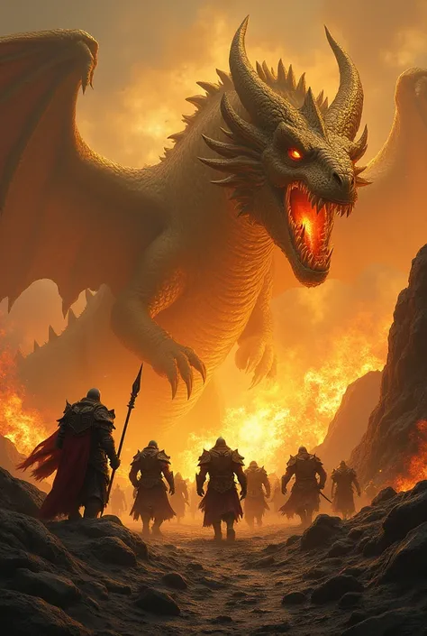 Amid a burning landscape, Dwarven King Thrain and his dwarven warriors face the dragon, his scales shining like molten gold and his breath scorching the earth. The clash between steel and scale shakes the mountains themselves.