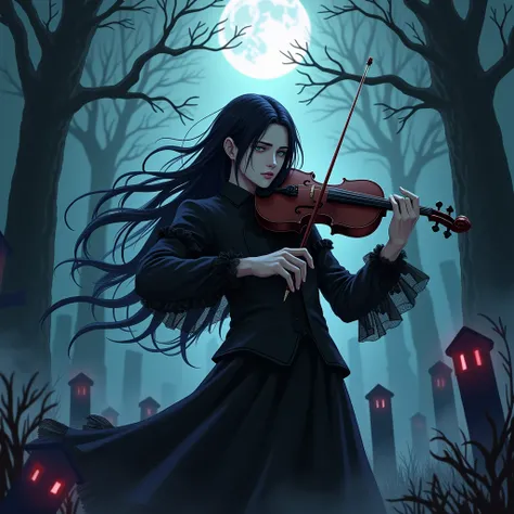 ((Anime boy)(( 1 male with long black hair and teal eyes, dressed in frilly gothic black clothes. His skin is white and pale like a vampire. Playing violin in the graveyard. (((Gloomy)) ((smoky)) ((dark)) ((black and purple)) (((scary))) ((horror))) myster...