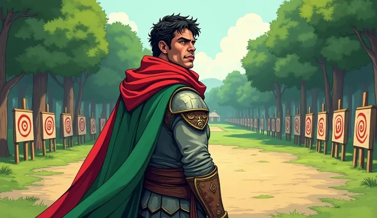 Arav training with new resolve: Comic style. Arav, the adult warrior, trains with his bow and arrow in a lush, green training ground within the kingdom. The background shows a well-maintained training area with targets set up and trees lining the edges. Hi...