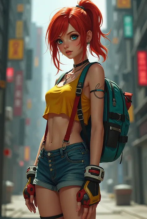 Style cyberpunk : Ondine, de taille moyenne et mince, a des cheveux roux attachés en une queue de cheval latérale. Elle porte un débardeur jaune court, dévoilant son abdomen, avec un short en jean bleu et des bretelles rouges lâches. Ses yeux sont bleus, g...