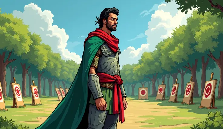 Arav training with new resolve: Comic style. Arav, the adult warrior, trains with his bow and arrow in a lush, green training ground within the kingdom. The background shows a well-maintained training area with targets set up and trees lining the edges. Hi...