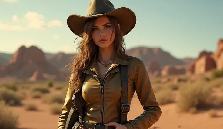 Stock image of a man with a hat and a gun, New Vegas style, post - apocalyptic cowgirl, post - apocalyptic cowboy, sheriff woman, in the nuclear wasteland, portrait of a female ranger, Fallout New Vegas, female main character, Robust male ranger, male char...