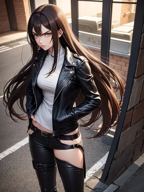 anime woman, 20 year, long hair, brown, greeneyes, serious face, bushy eyebrows, scar on cheek, leather jacket, hands in pockets