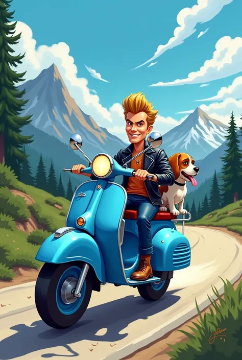 Create image of Johnny Bravo and a beagle riding a blue scooter in the mountains.