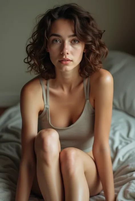 A brunette girl with short curly hair and  sits with her legs stretched out, taking a realistic photo