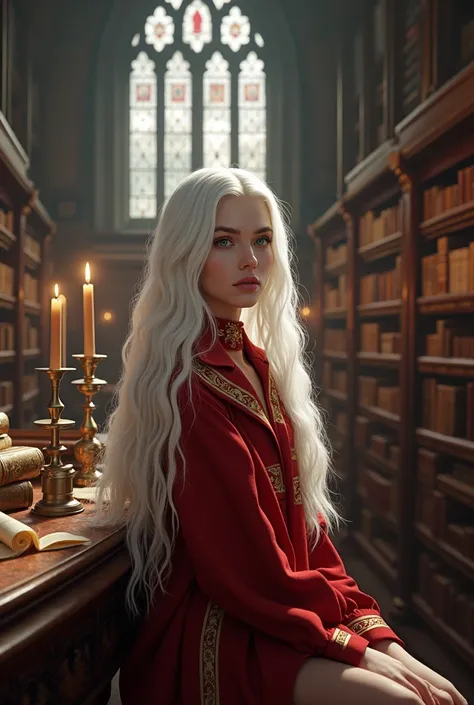 Billie Elish long white hair in Hogwarts uniform house gryffindor ,inside a magic library   ,realist,ultra realistra ,ultra HD ,ultra 8k 