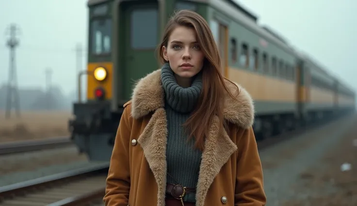 Stock image of a woman in a fur coat standing in front of a train, in the nuclear wasteland, female character, realistic restored face, female main character, Cattie - Brie de Mithril Hall, Gordon Freeman as a woman, perfect face and realistic shading, Mid...