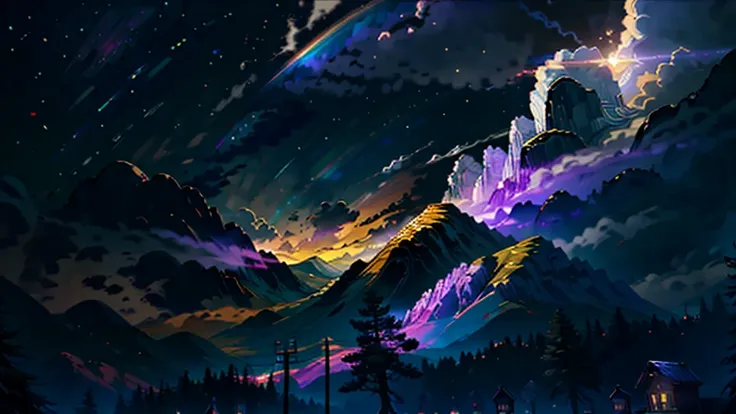 A wide landscape photo, (viewed from below, the sky is above, and the open field is below),  (full moon: 1.2), (meteor: 0.9), (nebula: 1.3), distant mountains , Trees BREAK Crafting Art, (Warm Light: 1.2), (Firefly: 1.2), Lights, Lots of Purple and Orange,...