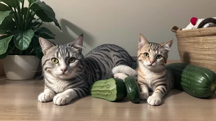 cat, gray, gordo, cucumbers