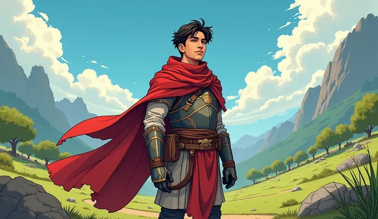 Arav as a wise warrior: Comic style. The final image shows Arav, the young adult warrior, standing tall in his armor with his red scarf, symbolizing his wisdom and peace. The background features a peaceful kingdom with lush landscapes, clear skies, and har...