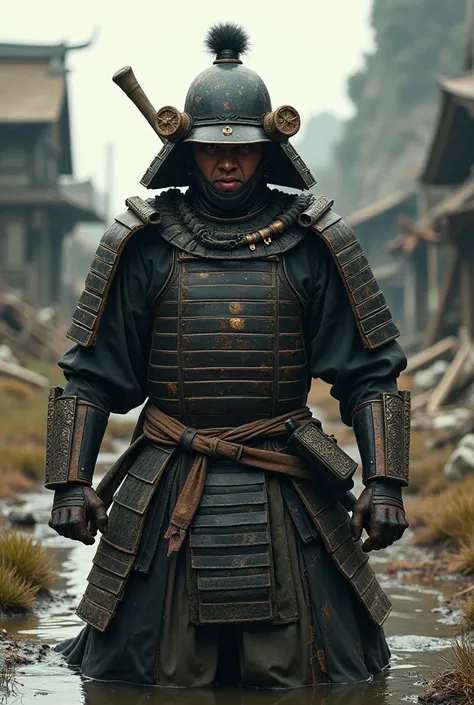 Absurd, High resolution, Super detailed, beautiful, masterpiece, Highest quality、水面に光がreflectionしている、reflection、Realな質感、Realistic、Real、Realistic、Blur、samurai、armor、Japanese sword、Fight、Combat Ready、anger、war、Broken Building、horse、inflammation、scratch、Focus...