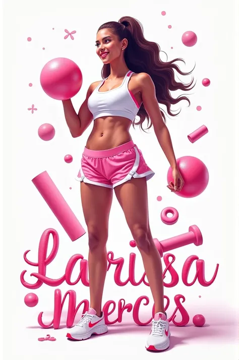 Make art with gym accessories and the name Larissa Mercês with the colors white and pink, in a very creative way 