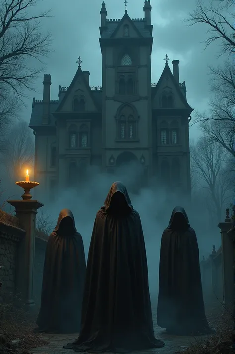 Three figures standing infront of a spooky house with a candle