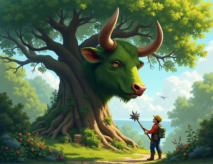 Create a picture of a tree pruner in the garden with a large tree shaped like a bull with green color, 2 horns and a nose 