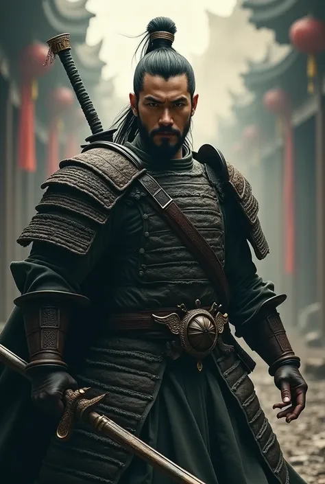 a powerful and handsome warrior man in the three kingdoms period, intricate and detailed facial features, piercing eyes, strong jawline, muscular body, wearing ancient chinese armor, holding a long spear, dramatic lighting, cinematic composition, gritty re...