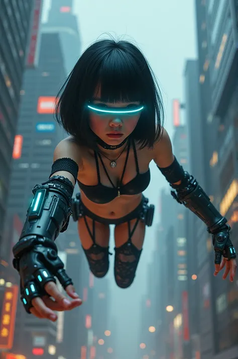 (a cute inuit native american mix girl 18yo)(cool cyberpunk laser visor)(bobcut black shiny hair) (shinto priest costume bikini) (flying all over the city) (long mechanical arms sprouting from her back) (grappling buildings) (high tech glowing gauntlets) (...