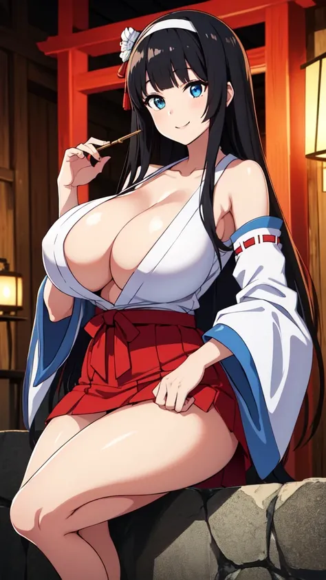 good quality, best quality, highres, absurdres, 8k, 4K, masterpiece, Girl in Japanese shrine maiden outfit, (Hime cut), (super long black hair),(((straight bangs, blunt bangs))),(White headband), Blue eyes, super long black hair, hair ornament, ribbon, smi...