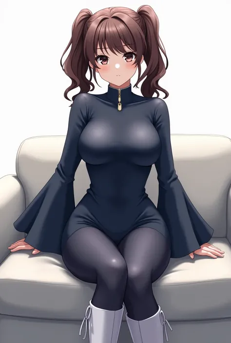 tall girl, pale skin, brown hair with dual ponytails, thick body shape, black eyes, dark blue bodycon, dark blue bell sleeves, white boots, sitting on a couch, white background, fanart