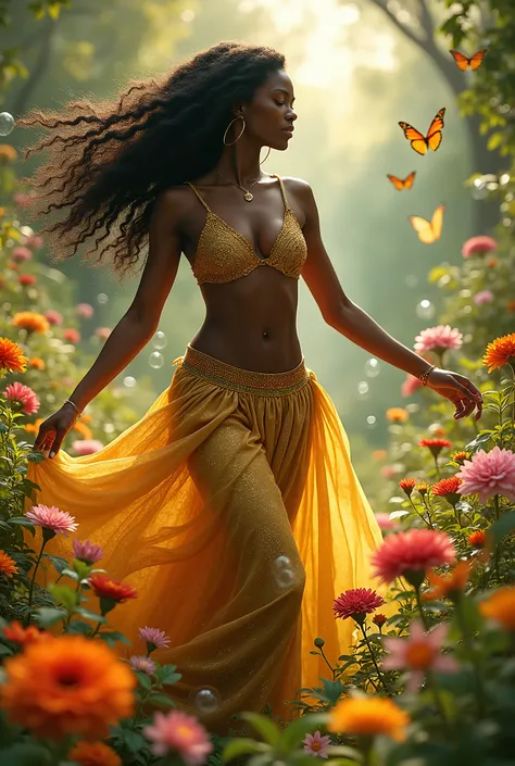 a black woman dressed in gold, danced surrounded by beautiful flowers and butterflies as well as bubbles; she has long hair around her, There are beautiful plants in harmony with very bright colors